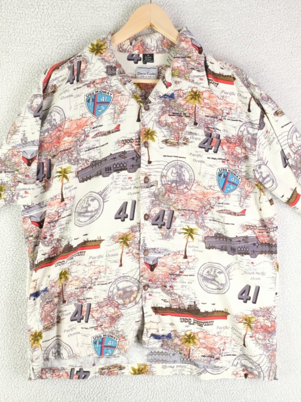 David Carney Shirt Mens Extra Large White Ww2 All Over Print Midway Button Up